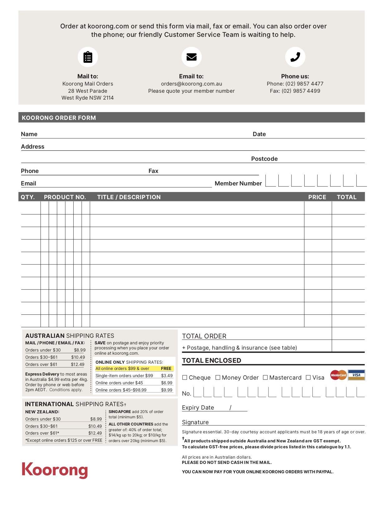 Catalogue Order Form