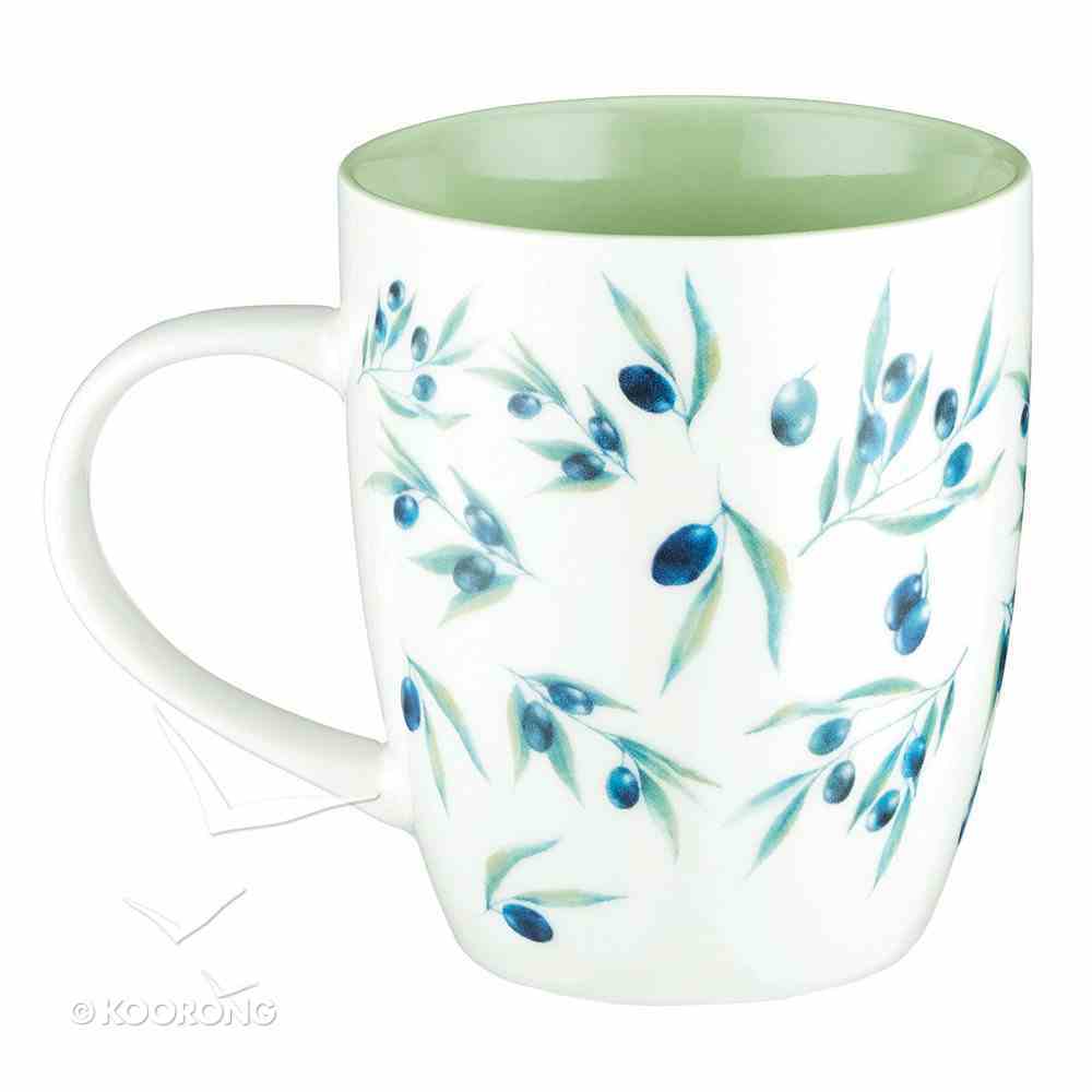 Ceramic Mug: My Cup Overflows With Blessings, White/Blue Olive Branches (384ml) Homeware