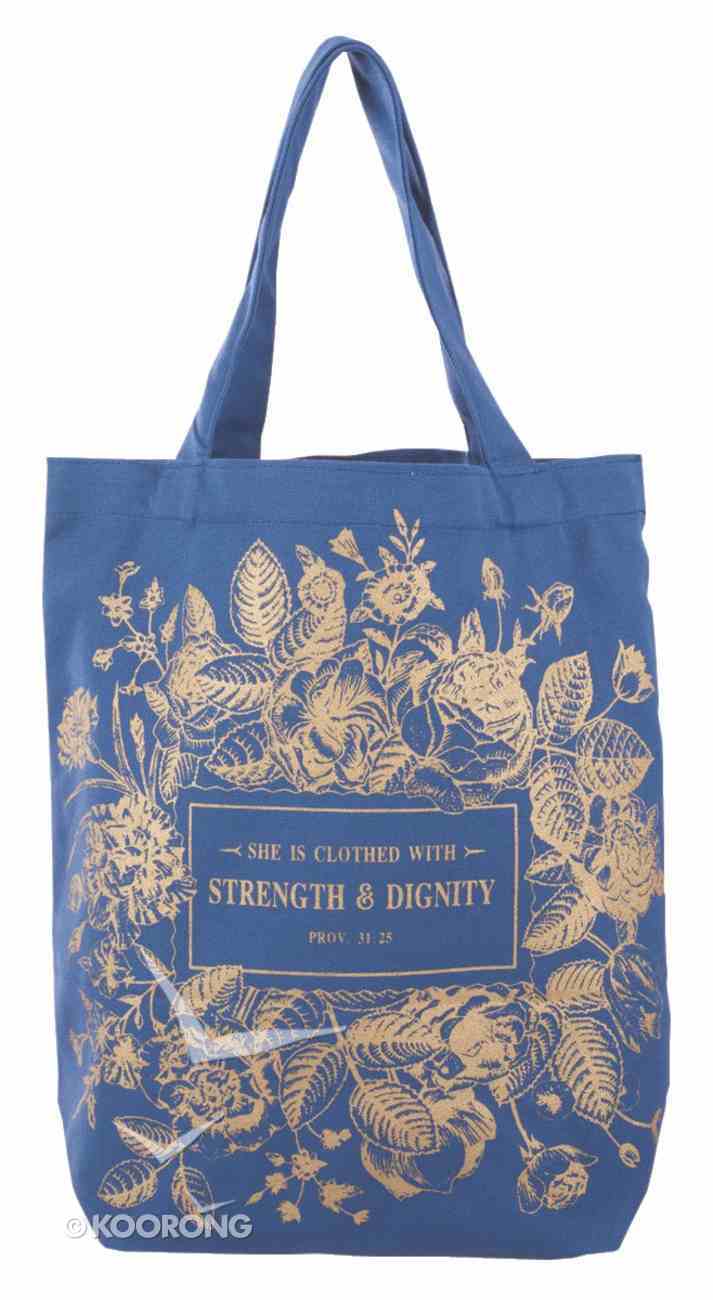 Canvas Floral Tote Bag: Strength & Dignity, Navy Blue/Rose Gold Etching Soft Goods