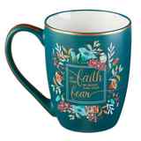 Ceramic Mug : Let Your Faith Be Bigger Than Your Fears, Teal/Floral With Bird, Gold Trim Around Rim (355ml) (Faith Fear Collection) Homeware - Thumbnail 1