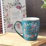 Ceramic Mug : Let Your Faith Be Bigger Than Your Fears, Teal/Floral With Bird, Gold Trim Around Rim (355ml) (Faith Fear Collection) Homeware - Thumbnail 3