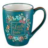 Ceramic Mug : Let Your Faith Be Bigger Than Your Fears, Teal/Floral With Bird, Gold Trim Around Rim (355ml) (Faith Fear Collection) Homeware - Thumbnail 0
