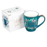 Ceramic Mug : Let Your Faith Be Bigger Than Your Fears, Teal/Floral With Bird, Gold Trim Around Rim (355ml) (Faith Fear Collection) Homeware - Thumbnail 2