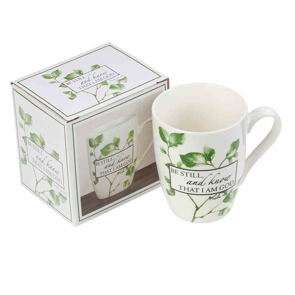 Ceramic Mug: Be Still and Know That I Am God, White/Green Leaves (Psalm 46:10) Homeware