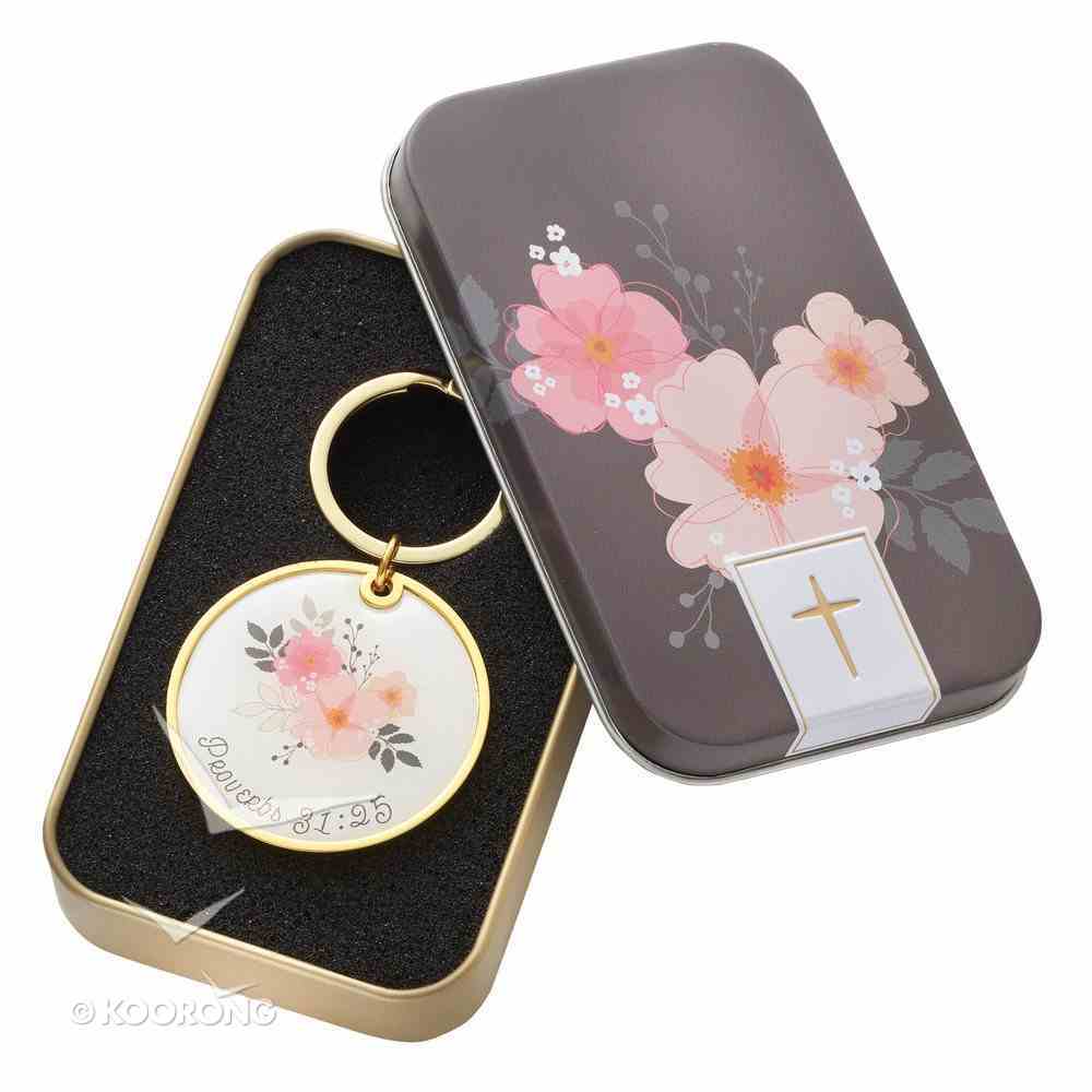Metal Keyring in Tinbox: Strength & Dignity, Pink Flowers (Proverbs 31:25) Novelty