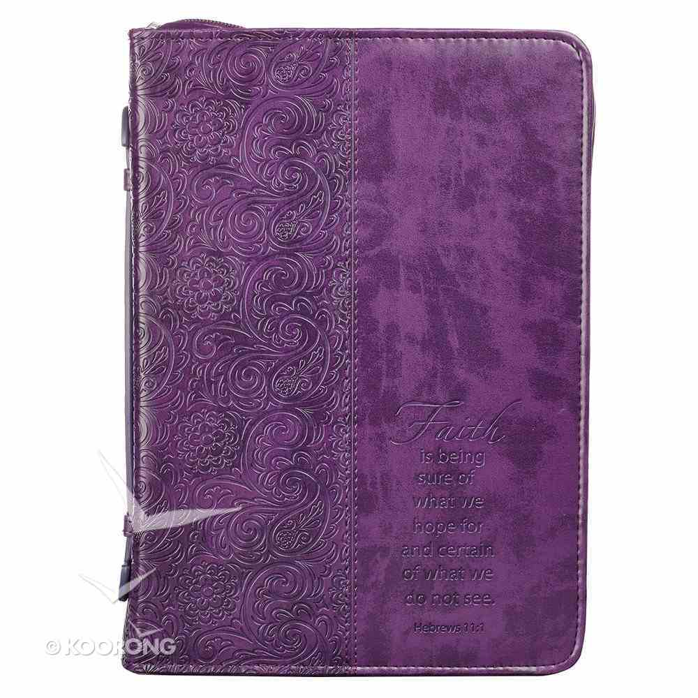 Bible Cover Trendy Medium: Faith, Purple Pattern, Carry Handle, Luxleather Bible Cover