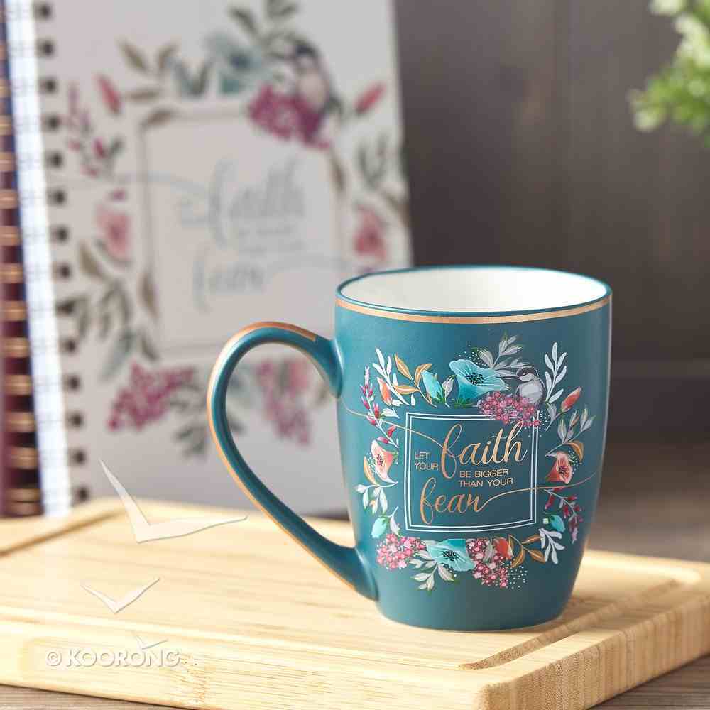 Ceramic Mug : Let Your Faith Be Bigger Than Your Fears, Teal/Floral With Bird, Gold Trim Around Rim (355ml) (Faith Fear Collection) Homeware