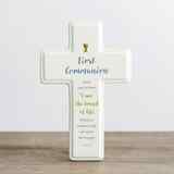 Ceramic Cross: First Communion, Cream/Blue/Gold (John 6:35 Nrsv) Homeware - Thumbnail 0