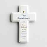Ceramic Cross: First Communion, Cream/Blue/Gold (John 6:35 Nrsv) Homeware - Thumbnail 1