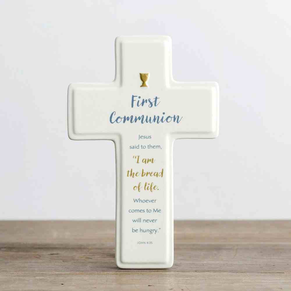 Ceramic Cross: First Communion, Cream/Blue/Gold (John 6:35 Nrsv) Homeware