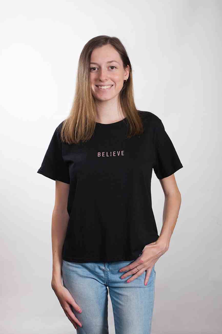Womens Cube Tee: Believe, Large, Black With Rose Gold Metallic Print (Abide T-shirt Apparel Series) Soft Goods