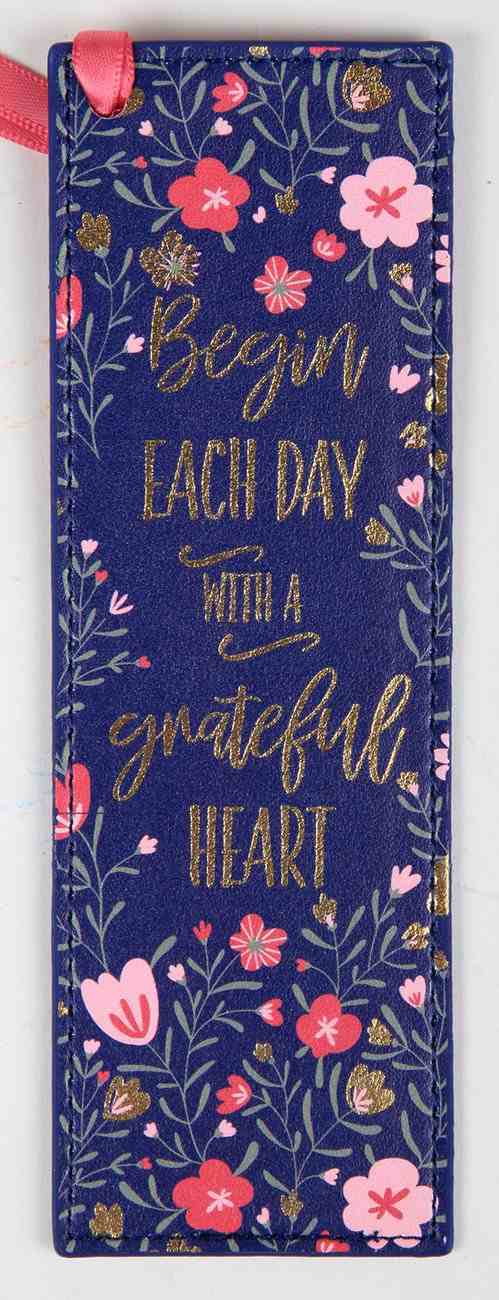 Bookmark: Grateful Heart, Navy With Pink Flowers Imitation Leather