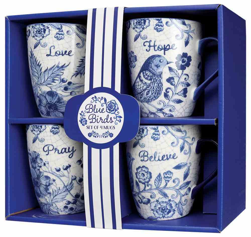 Ceramic Mugs 355ml: Blue Floral, Hope Pray Believe Love (Set Of 4) Homeware