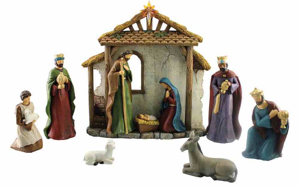 Resin Wood Look Nativity Set of 10: Multi Color, Includes Resin Stable Homeware