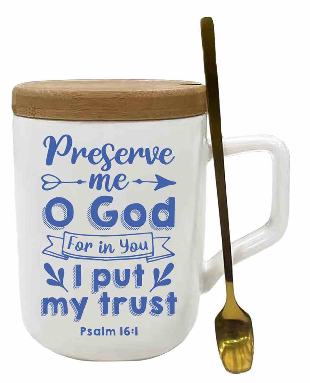 Ceramic Mug With Wooden Lid/Coaster: Preserve Me O God, Psalm 16:1 Homeware