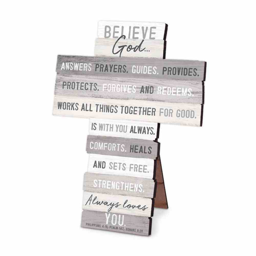 Stacked Wood Cross: Believe, Mdf, Easel Back, Wall Hanging Option Plaque